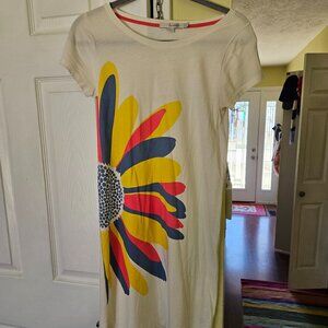 Boden white jersey t-shirt dress with bold yellow, pink, and blue flower